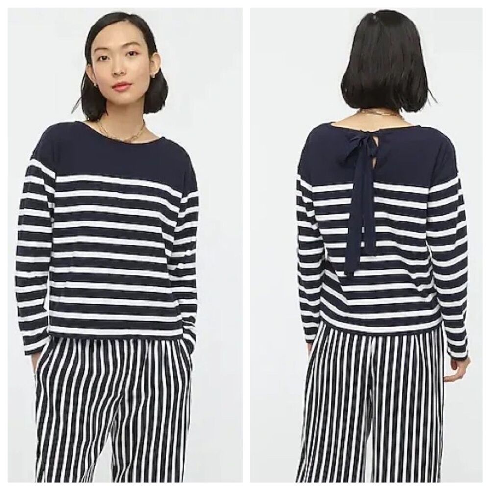 J.Crew Women's Mariner Cloth Bow Back Striped Long Sleeve Top in Navy & White S - Picture 2 of 12